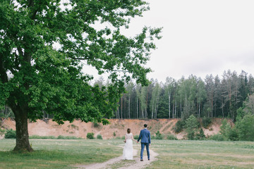 Stylish couple of newlyweds on their wedding day. Happy young bride, elegant groom walking away holding hands