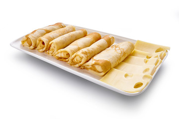 pancakes with cheese are isolated on a white background