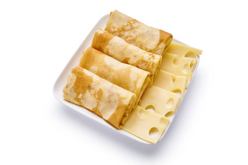 pancakes with cheese are isolated on a white background