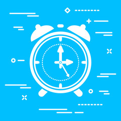 white flat alarm clock icon on blue background