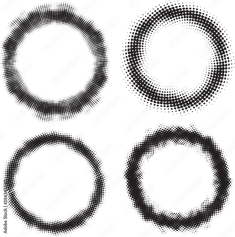 Poster set of four abstract vector halftone round frames for your design.