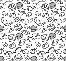 Black and white seamless pattern with different food. There are cheese, fish, mushrooms, chicken and ect