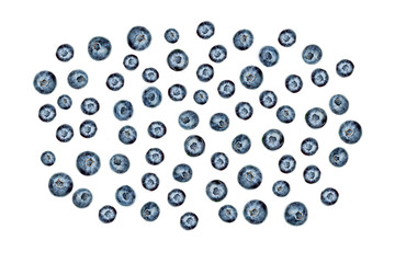 Seamless pattern with fresh berry fruits. Blueberries with leaves isolated on white background, flat lay.