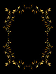 Old gold frame on black background with floral leaves decor and a blank space for text. Retro vintage greeting card, invitation or template for notes.