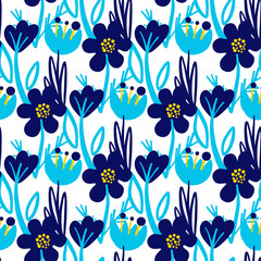Hand Drawn pattern with summer flowers and herbs vintage floral elements. Blue Yellow on white