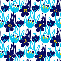 Hand Drawn pattern with summer flowers and herbs vintage floral elements. Blue Yellow on white