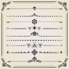 Vintage set of decorative elements. Horizontal separators in the frame. Collection of different ornaments. Classic pattern. Set of vintage patterns