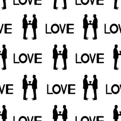 Seamless pattern with black silhouettes of grooms and words Love. Same-sex marriage.