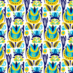 Hand Drawn pattern with summer flowers and herbs vintage Hohloma floral elements. Blue Yellow on white