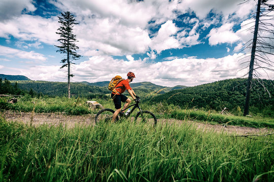 Mountain biker cycling riding bikepacking in woods and mountains