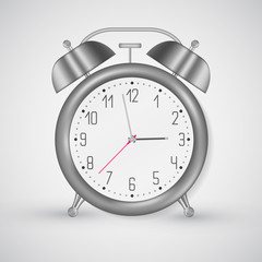 Vintage alarm clock realistic drawing vector isolated on white. Metallic chrome brushed shell with bell caps. Deadline or being on time concept. Business accuracy, capability to organize and manage.