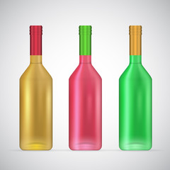 Wine glass bottle set, realistic 3d illustration template isolated on white background with empty space for corporate branding. Classic template green,yellow and red glass, foil caps.