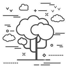 vector illustration of spring flat style tree with linear clouds