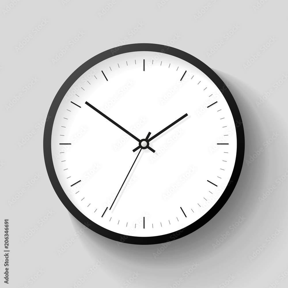 Poster simple wall clock in realistic style, minimalistic timer on gray background. business watch. vector 