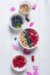Smoothie bowl with yogurt, fresh berries and cereal