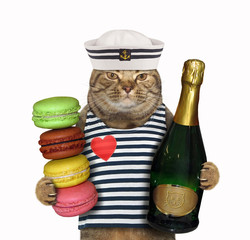 The cat sailor holds a bottle of sparkling wine and cookies. White background.