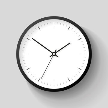 Simple wall Clock in realistic style, minimalistic timer on gray background. Business watch. Vector design element for you project