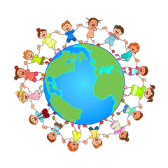 Small children around the globe. Children and the globe. Children are holding each other's hands