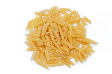 heap of raw pasta isolated on white background. italian food or cuisine
