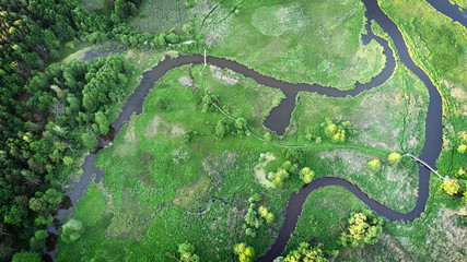 Aerial view of natural river in spring