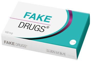Fake drugs, pharmaceutical fake package. Symbolic for harmful counterfeit pills, risk and danger of illegal produced and sold pharmaceuticals. Isolated vector on white.