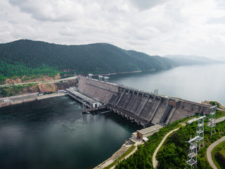 Krasnoyarsk dam and power plant on Enisey river from aerial view