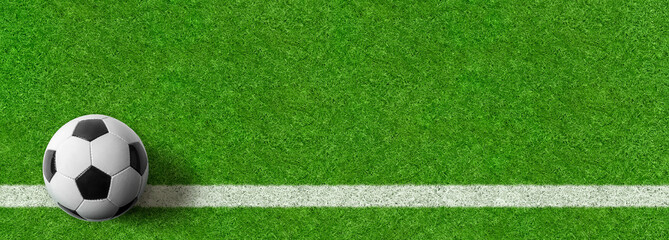 Fototapeta na wymiar Fußball auf Rasen - Panoramaformat