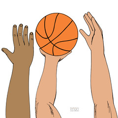 Male hands reaching for basket ball. Strugglng for victory. Playing, holding, throwing. Hand drawn colored sketch. Isolated on white background