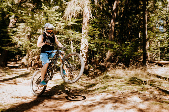 Mountainbike-Fahrer im Wald auf Hinterrad