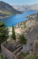 Montenegro. The top view of the Kotor Gulf, the old town of Kotor and the walls of the ancient bastion