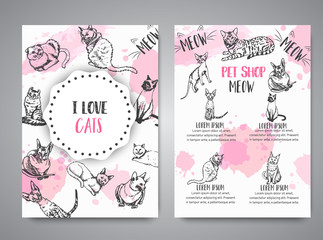 Cards with cat breeds. Cats lovers club Vector illustration Cute kitten sketch I love cats text Vector template banners for poster, invitation, flyer, party, brochure