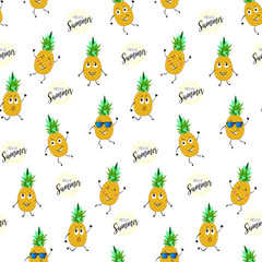 DANCING PINEAPPLE HAND DRAW TEXTURE. SUMMER HOLIDAY FEELING LETTERING.  SEAMLESS VECTOR PATTER.