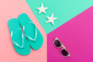Summer holiday background, Beach accessories on color block background