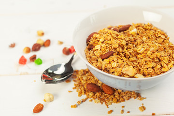 Food background of fresh baked homemade granola in bowl