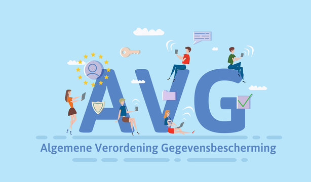 General Data Protection Regulation in Netherlands. People using mobile gadgets and internet devices among big AVG letters. GDPR, AVG, DSGVO. Concept vector illustration. Flat style. Horizontal.