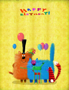 Big Company Of Cats With Flowers And Balloons Wishing Happy Birthday