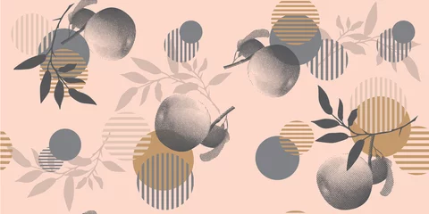 Fototapete Grafikdrucke Modernes Blumenmuster im Halbtonstil. Geometrische Formen, Äpfel und Zweige auf rosa Hintergrund