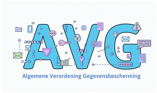 General Data Protection Regulation in Netherlands. Algemene verordening gegevensbescherming. Big AVG letters among internet and media symbols. GDPR, AVG, DSGVO. Flat vector illustration. Horizontal.