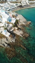Fototapeta na wymiar Aerial drone, bird's eye view photo of famous area and beach of Platy Gialos, Mykonos, Cyclades, Greece