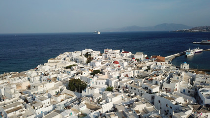 Aerial photo of iconic view from chora of Mykonos island little Venice area, Cyclades, Greece