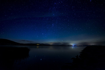 Sky full of stars at night over lake in Wales