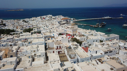 Aerial photo of iconic view from chora of Mykonos island little Venice area, Cyclades, Greece