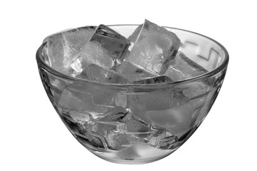 Glass plate with ice cubes, isolated image on white background.