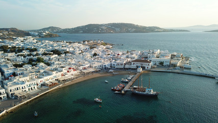 Fototapeta na wymiar Aerial photo of iconic view from chora of Mykonos island little Venice area, Cyclades, Greece