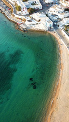 Aerial photo of iconic view from chora of Mykonos island little Venice area, Cyclades, Greece