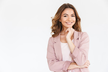 Amazing young pretty woman over white wall background