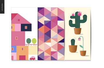 Simple things - postcards - flat cartoon vector illustration of set of colorful countryside house with a terrace and trees, abstract pattern, cactus with flowers on it - cards set