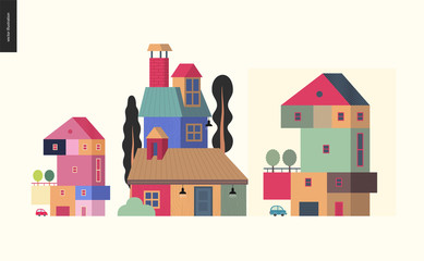 Obraz na płótnie Canvas Simple things - houses - flat cartoon vector illustration of colorful countryside house with terrace and trees on it, chimney, attic roof space, tall trees around, car and garage - houses composition