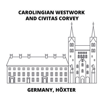 Carolingian Westwork And Civitas Corvey, Germany, Hoxter line icon, vector illustration. Carolingian Westwork And Civitas Corvey, Germany, Hoxter linear concept sign.