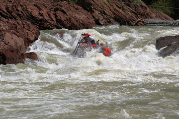 rafting on a mountain river. overturning of the boat.